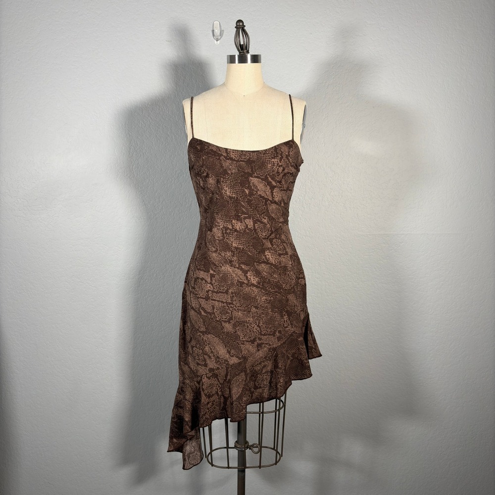 Abercrombie & Fitch Brown Snakeskin Asymmetrical Ruffle Midi Dress Small NWT